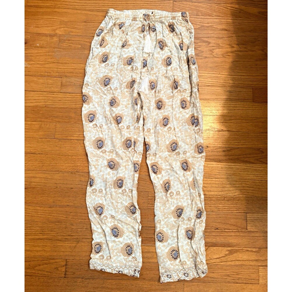 Natalie Martin L Cream Floral Print Tassel Drawstring Boho Resort Pants